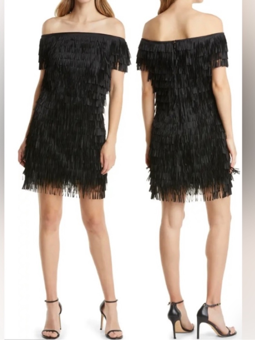 SHO/Tadashi Shoji Black Fringe Off the Shoulder Mini Playful Cocktail Dress 6